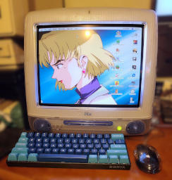 Translucent white and blue computer with built-in CRT monitor