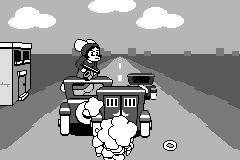 A screenshot of a videogame: black-and-white cartoon characters in a police chase.